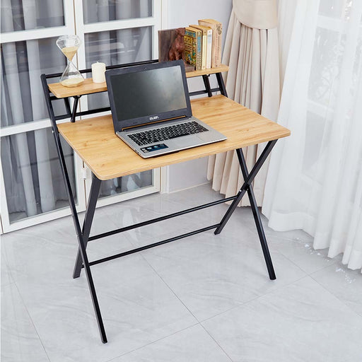 โต๊ะทำงาน พร้อมชั้นวางของ พับได้ รุ่น Wooden Foldable Computer Desk with Shelf - HomeHuk